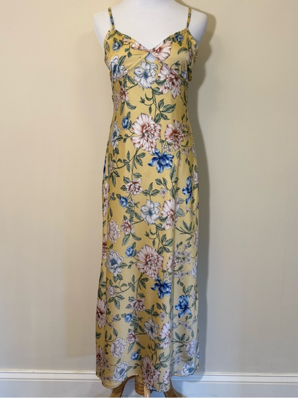 Yellow Floral Midi Dress Open Back M Wedding Guest Garden Party Summer Silky NWT